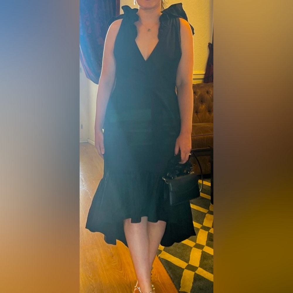 Black Midi Dress - Ruffle Sleeves, Asymmetrical Ruffle Bottom hem, tie back, XL